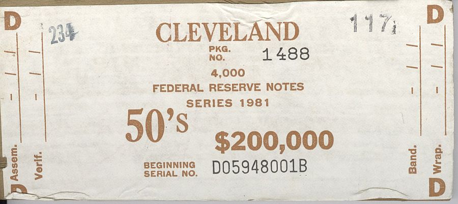 Fr.2120-D, BEP $200,000 Brick Packaging Label, 1981 Cleveland $50 FRNs, D-B Block